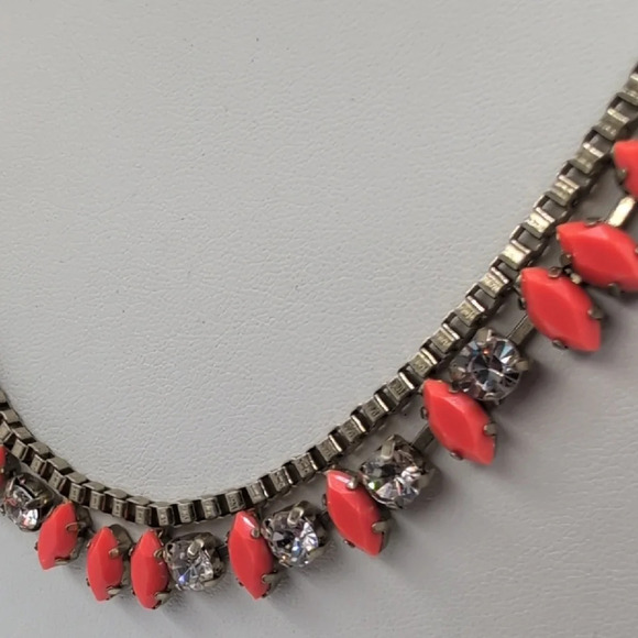 J. Crew Coral Pink & Rhinestone Statement Necklace - Muted Gold Tone - Picture 2 of 7